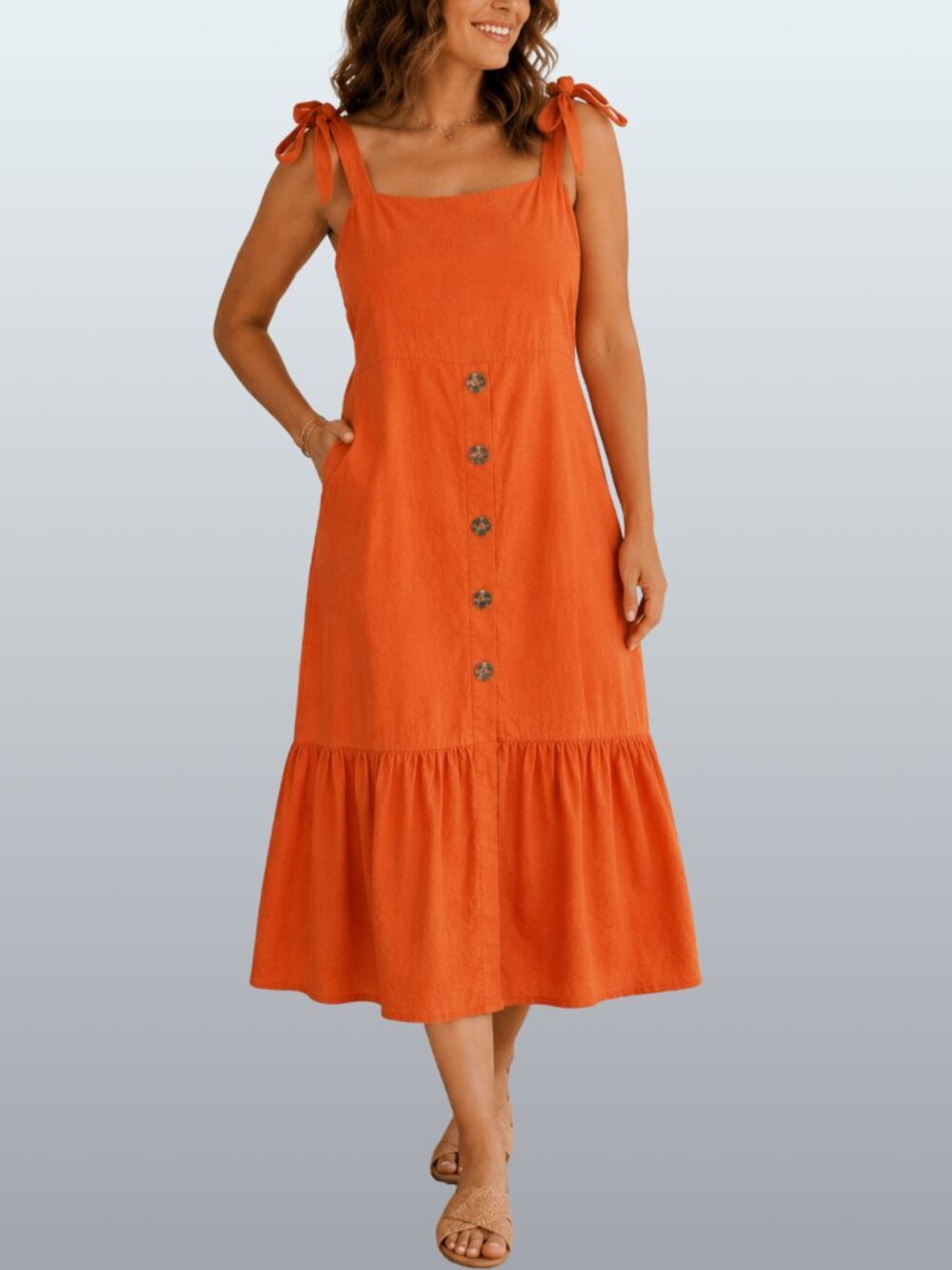 Linen Blend Fit Flare Tie Strap Orange Midi Dress L Ruffle Hem Coastal Resort